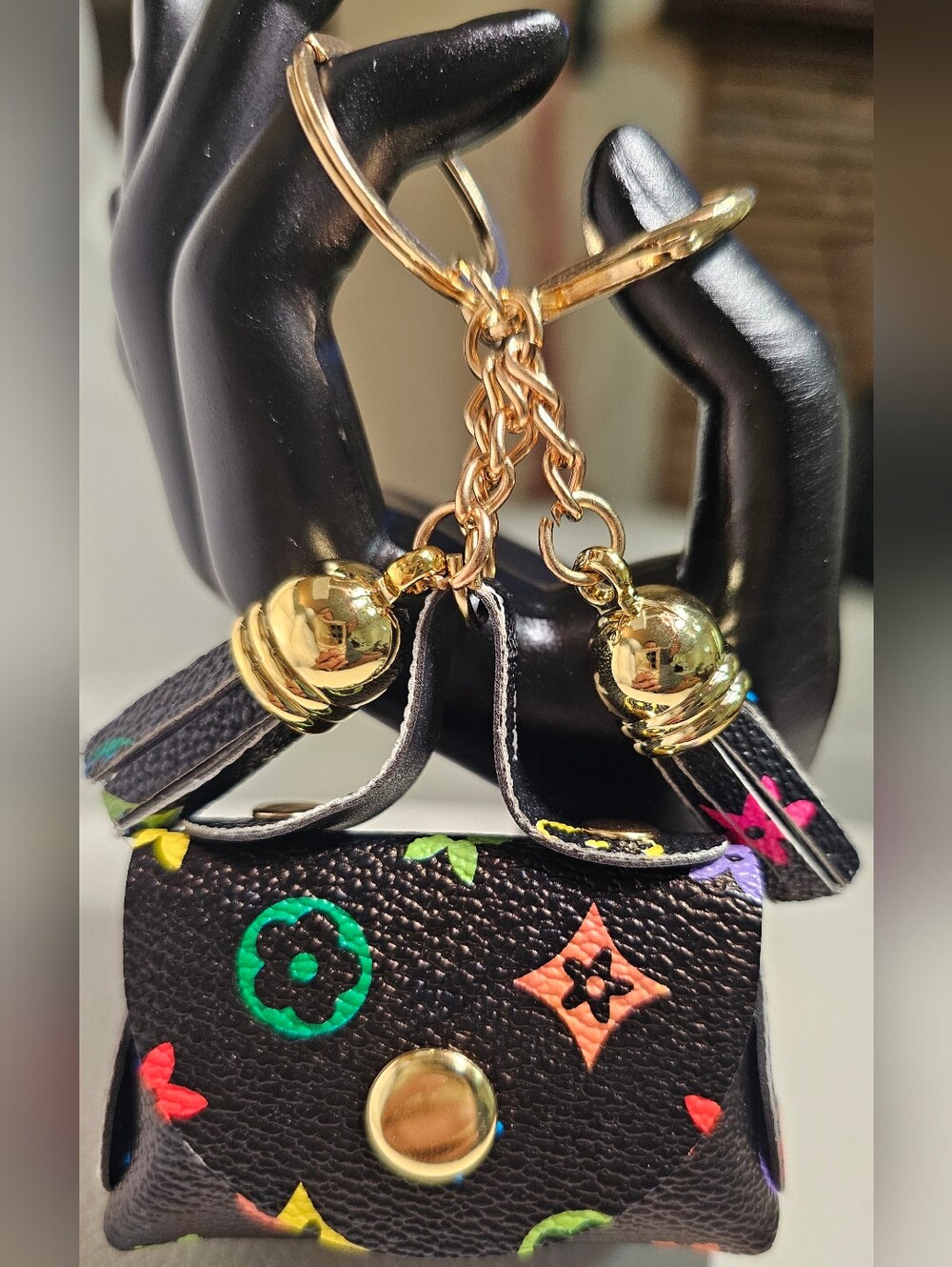 Black Designer-Inspired Multicolor Mini Handbag Keychain with Gold Accents